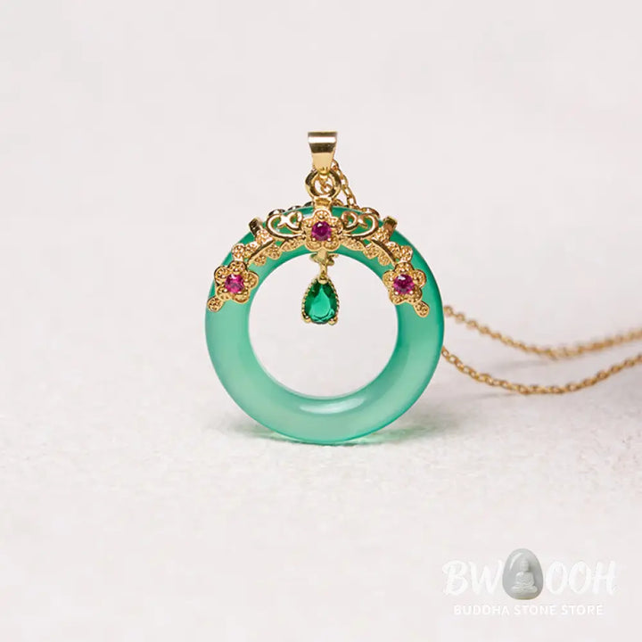 Buddha Stones Green Chalcedony Peace Buckle Design Strength Necklace Pendant - BWOOOH - Necklaces &amp; Pendants