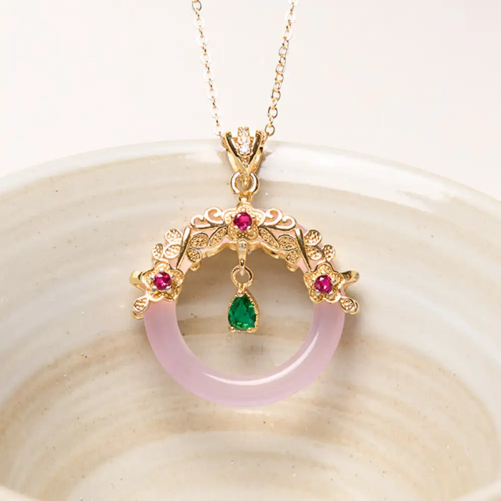 Buddha Stones Green Chalcedony Peace Buckle Design Strength Necklace Pendant - BWOOOH - Pink Chalcedony - Necklaces &amp;