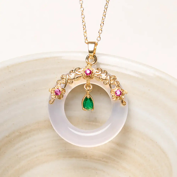 Buddha Stones Green Chalcedony Peace Buckle Design Strength Necklace Pendant - BWOOOH - White Chalcedony - Necklaces &amp;