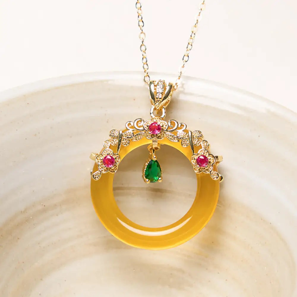 Buddha Stones Green Chalcedony Peace Buckle Design Strength Necklace Pendant - BWOOOH - Yellow Chalcedony - Necklaces &amp;
