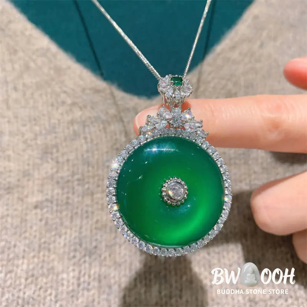 Buddha Stones Green Chalcedony Round Peace Buckle Strength Necklace Pendant - BWOOOH - Green