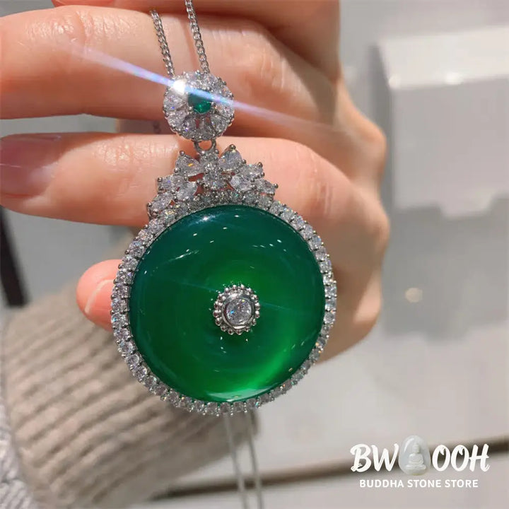 Buddha Stones Green Chalcedony Round Peace Buckle Strength Necklace Pendant - BWOOOH - Green