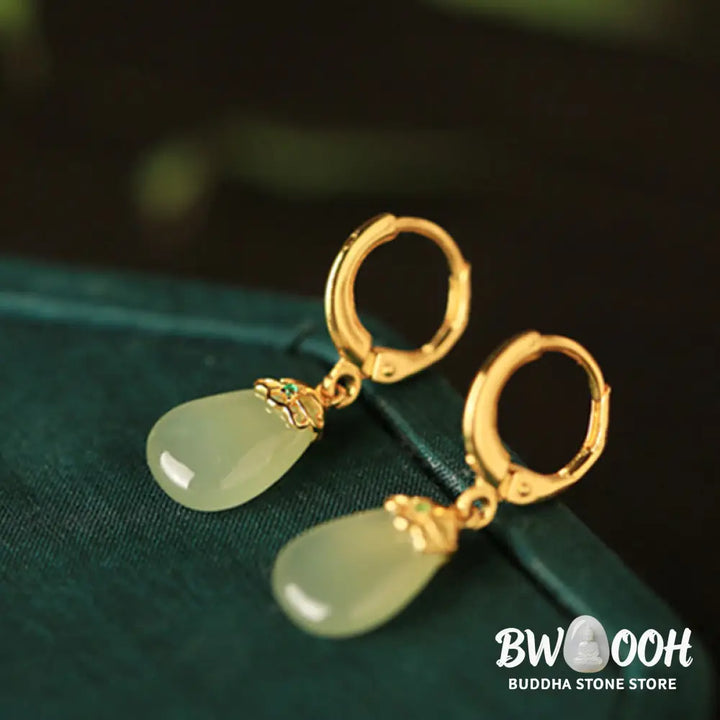 Buddha Stones Green Chalcedony Water Drop Strength Copper Posts Earrings - Earrings