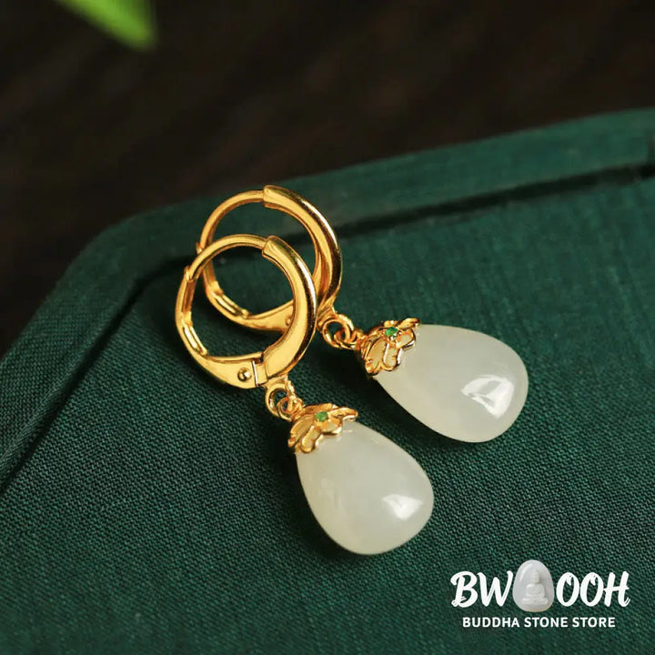 Buddha Stones Green Chalcedony Water Drop Strength Copper Posts Earrings - Earrings