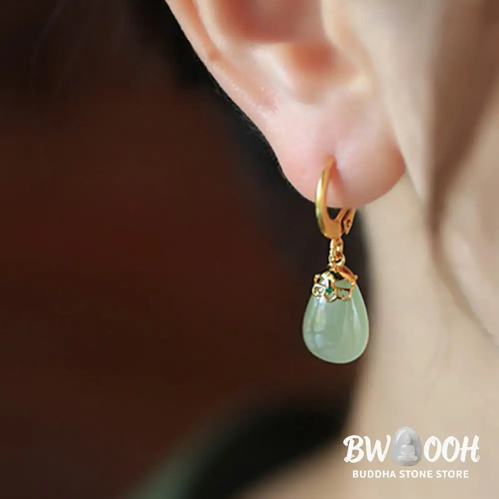 Buddha Stones Green Chalcedony Water Drop Strength Copper Posts Earrings - Earrings