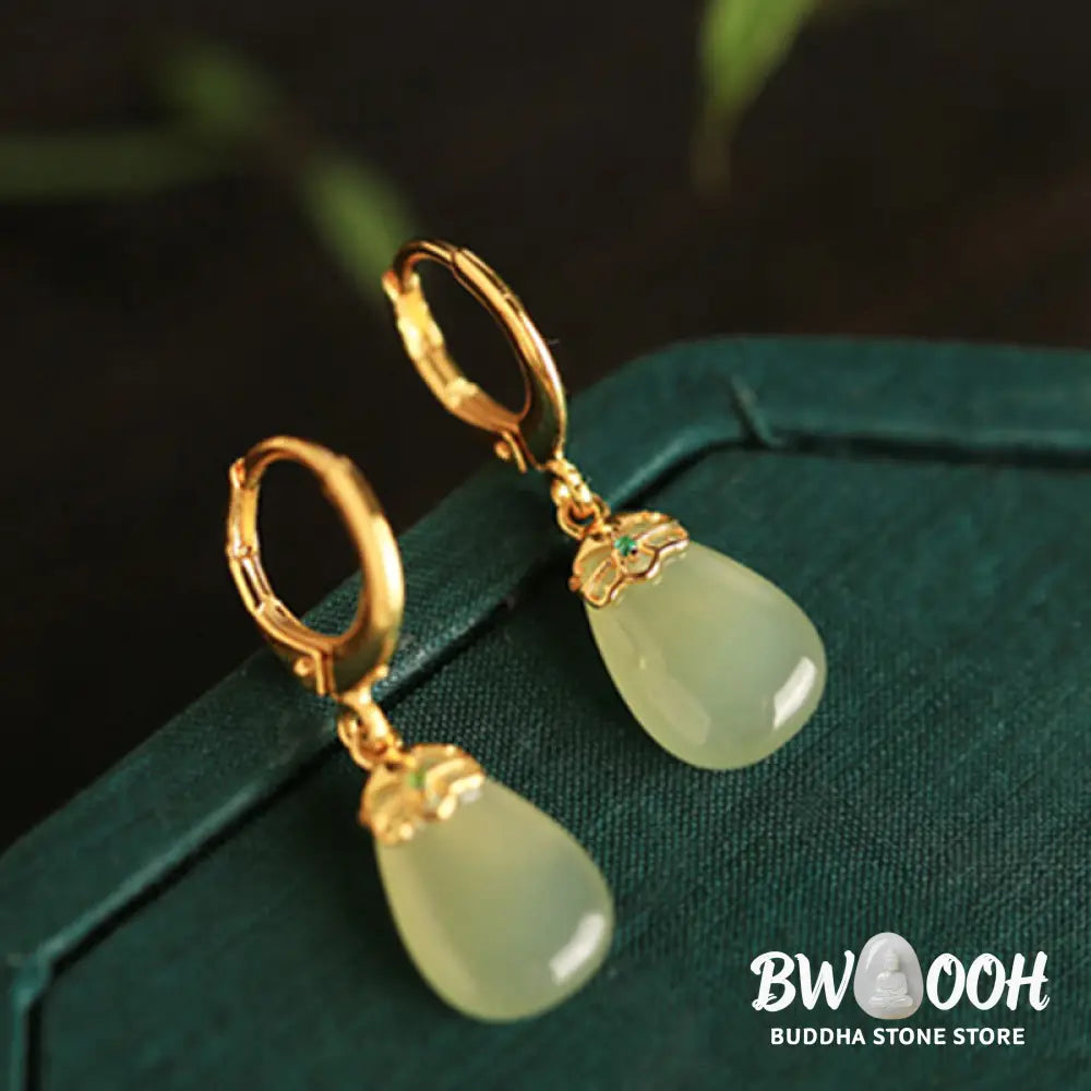 Buddha Stones Green Chalcedony Water Drop Strength Copper Posts Earrings - Earrings