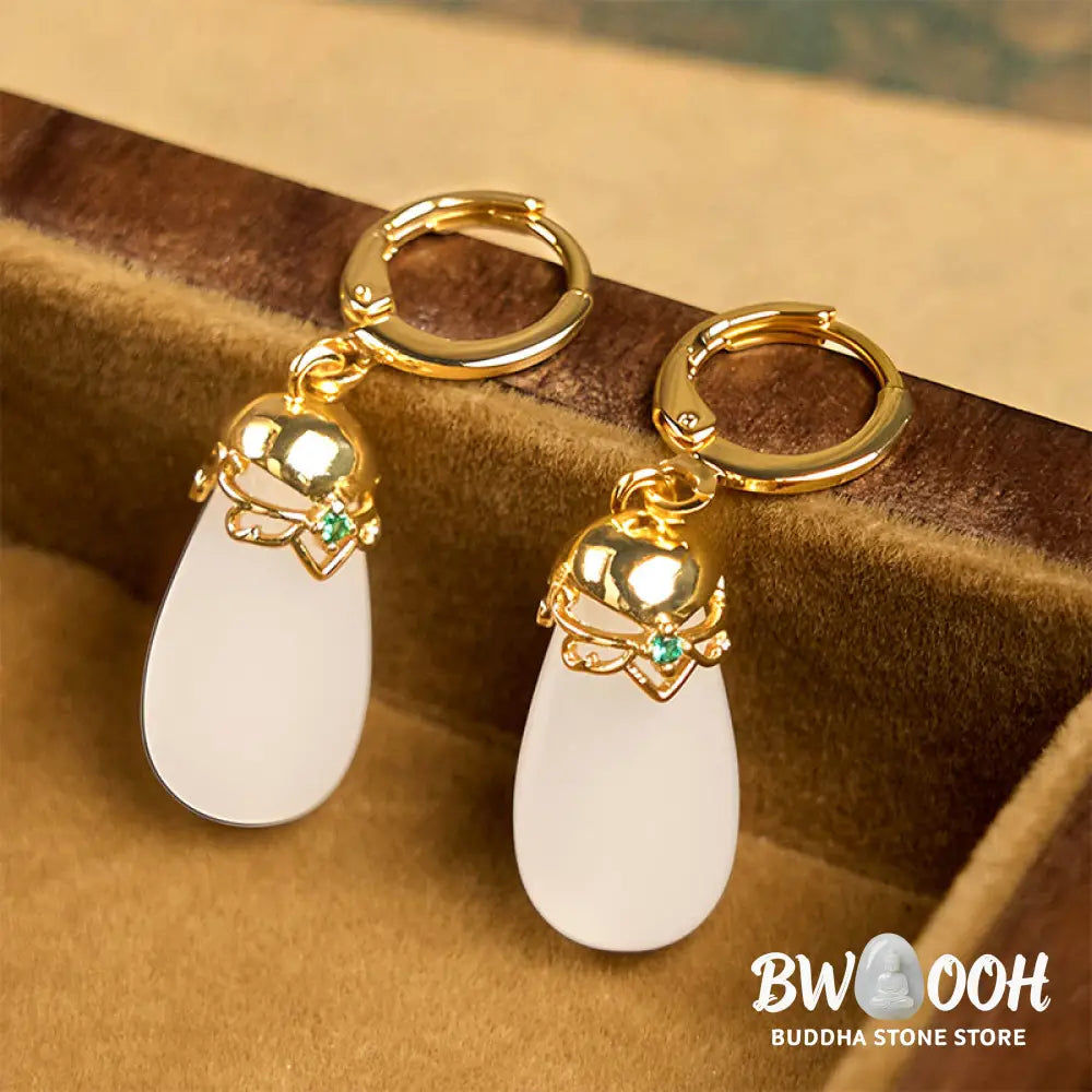 Buddha Stones Green Chalcedony Water Drop Strength Copper Posts Earrings - Earrings