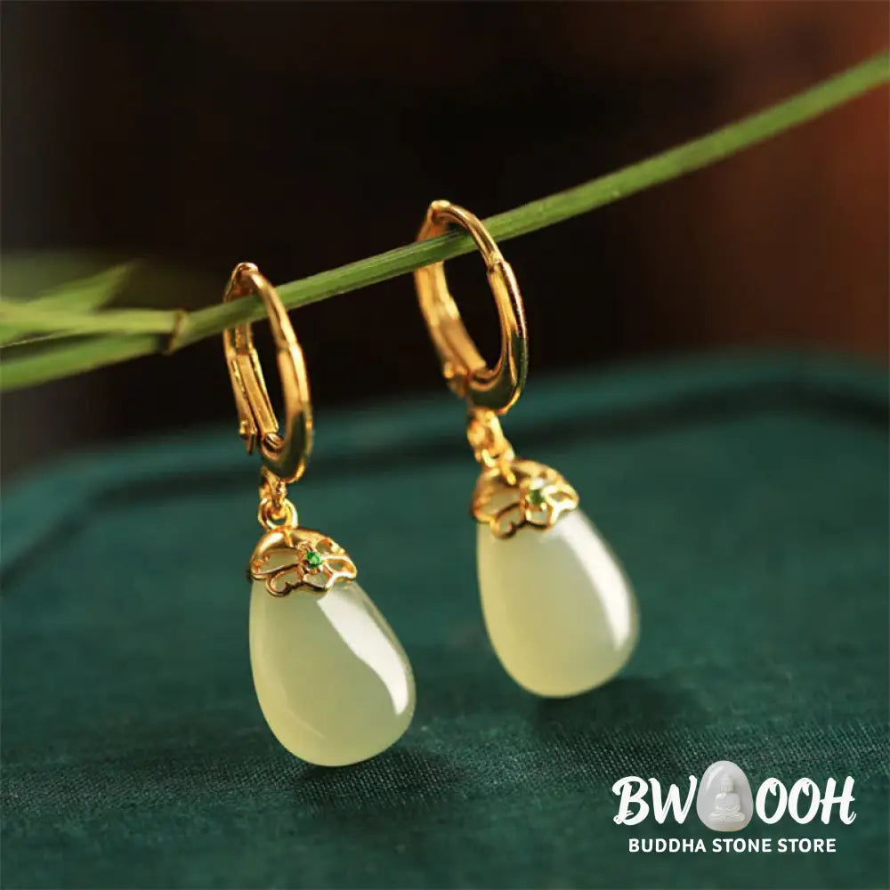 Buddha Stones Green Chalcedony Water Drop Strength Copper Posts Earrings - Earrings