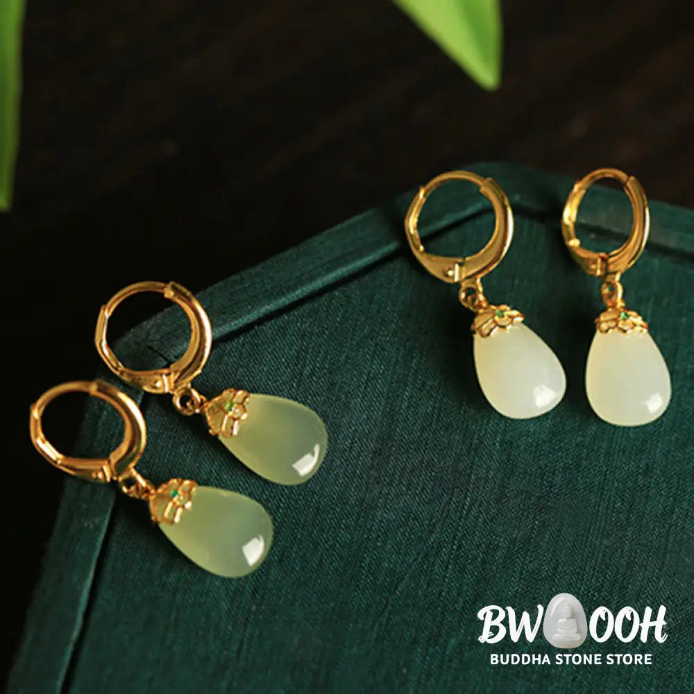 Buddha Stones Green Chalcedony Water Drop Strength Copper Posts Earrings - Earrings