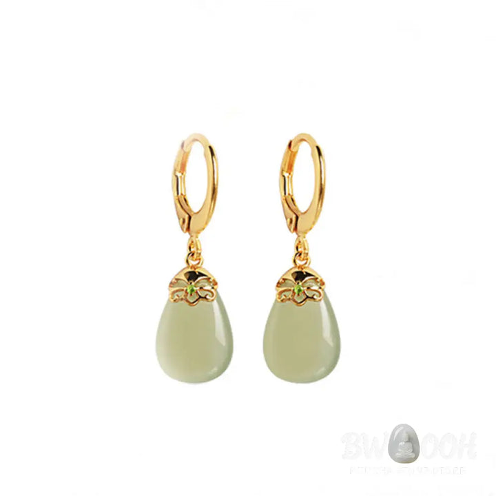 Buddha Stones Green Chalcedony Water Drop Strength Copper Posts Earrings - Earrings