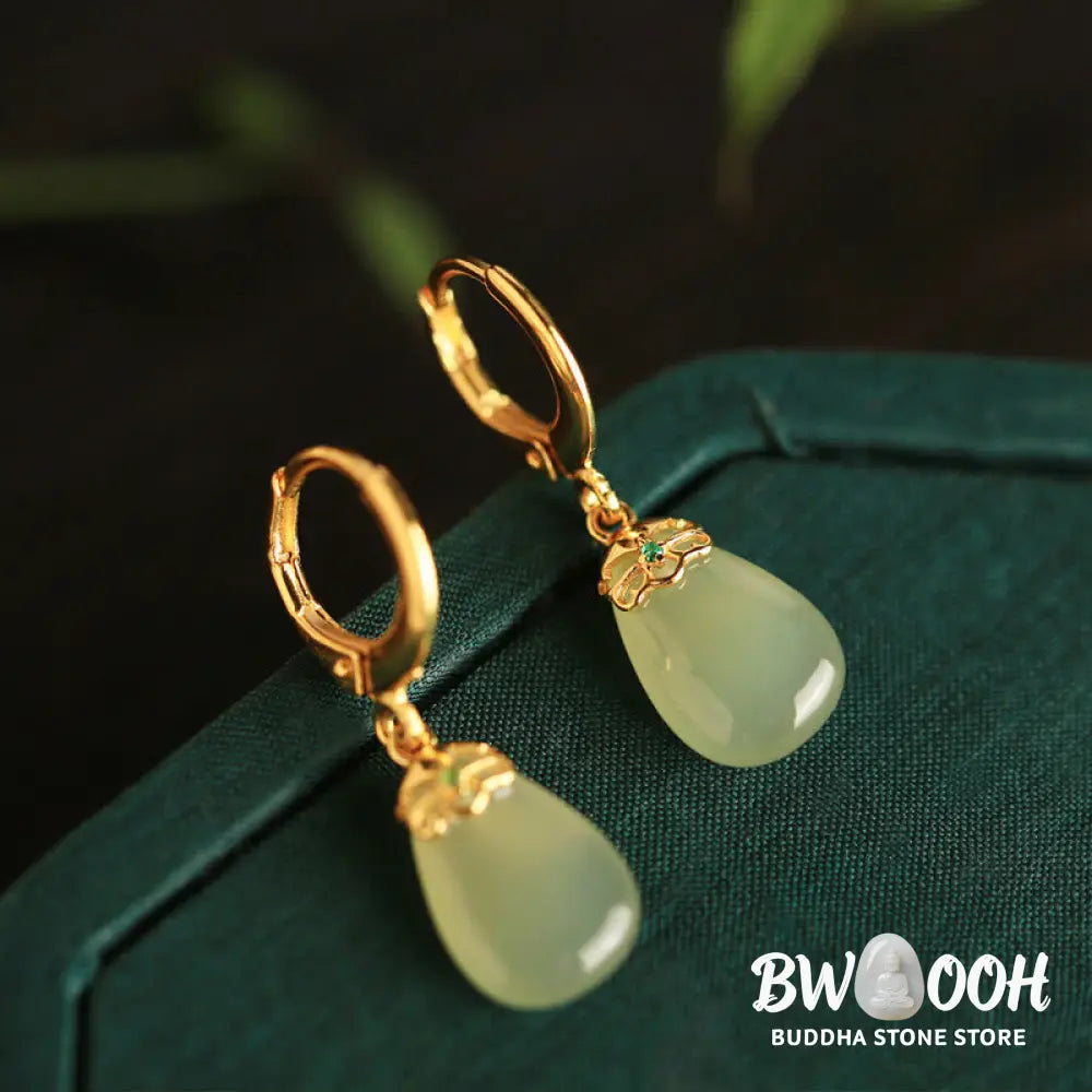 Buddha Stones Green Chalcedony Water Drop Strength Copper Posts Earrings - Earrings