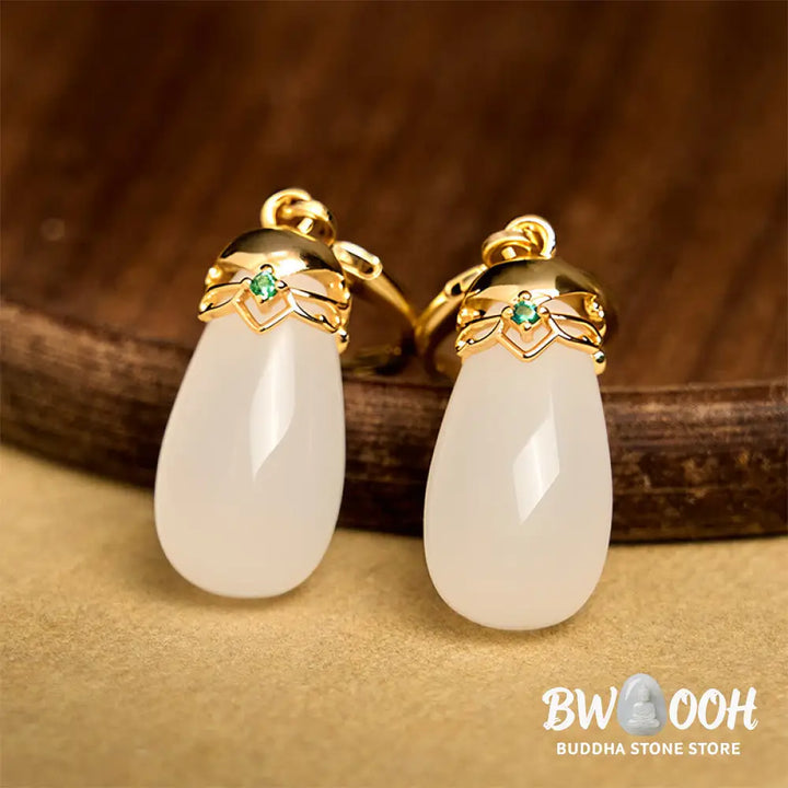 Buddha Stones Green Chalcedony Water Drop Strength Copper Posts Earrings - Earrings