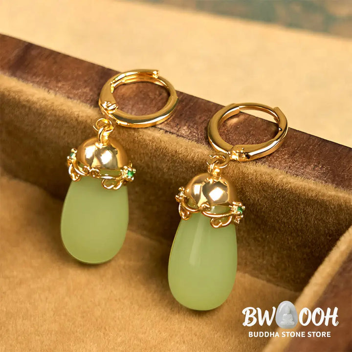 Buddha Stones Green Chalcedony Water Drop Strength Copper Posts Earrings - Earrings