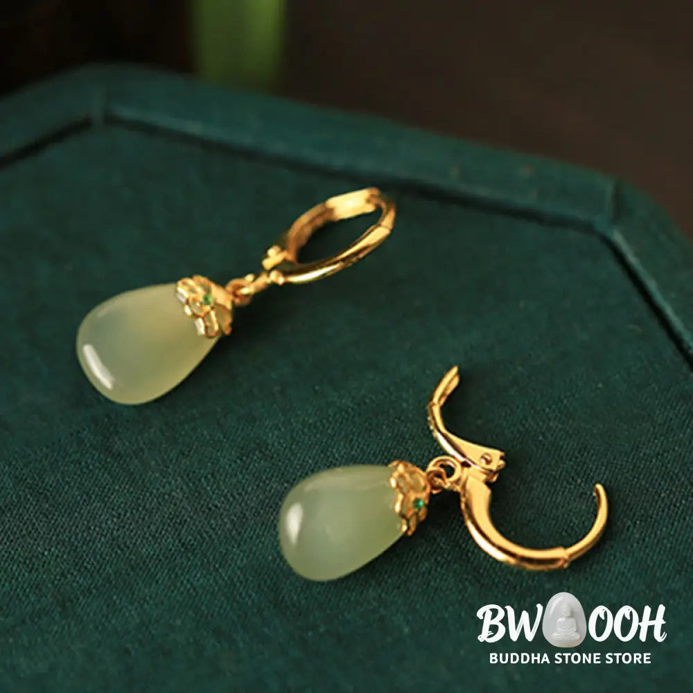 Buddha Stones Green Chalcedony Water Drop Strength Copper Posts Earrings - Earrings