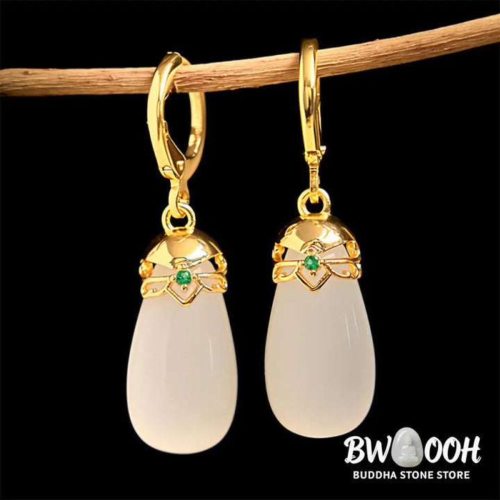 Buddha Stones Green Chalcedony Water Drop Strength Copper Posts Earrings - Earrings
