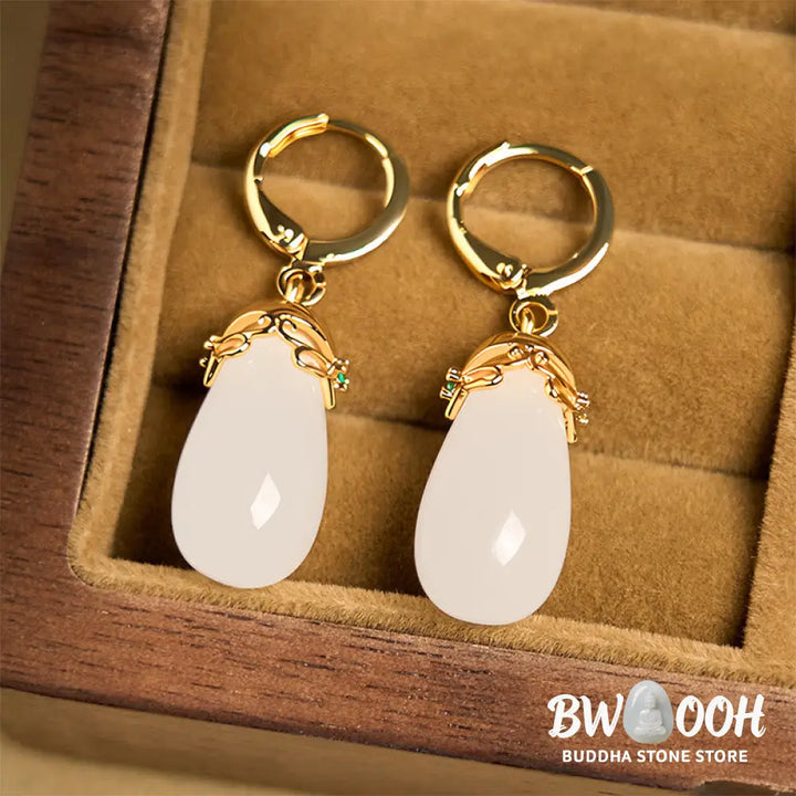 Buddha Stones Green Chalcedony Water Drop Strength Copper Posts Earrings - Earrings