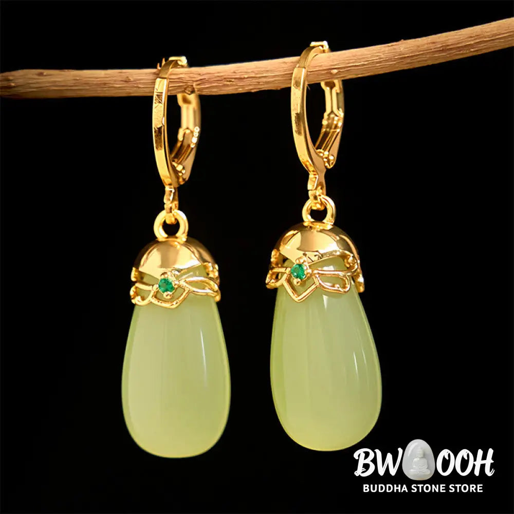Buddha Stones Green Chalcedony Water Drop Strength Copper Posts Earrings - Earrings
