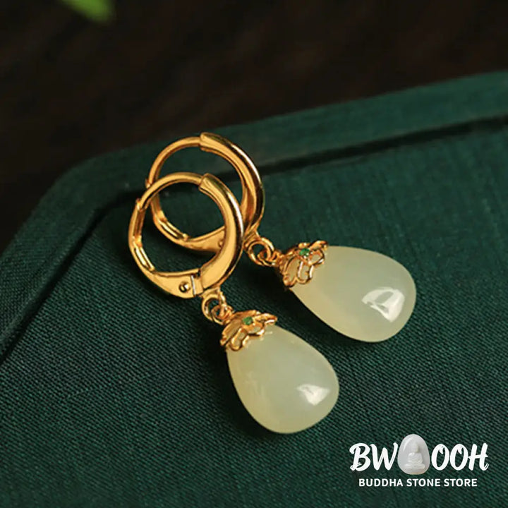 Buddha Stones Green Chalcedony Water Drop Strength Copper Posts Earrings - Earrings