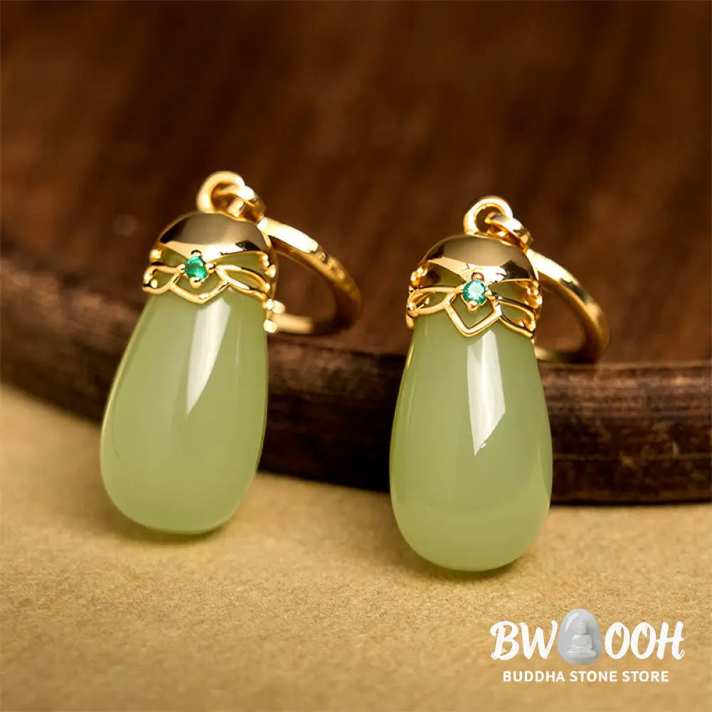 Buddha Stones Green Chalcedony Water Drop Strength Copper Posts Earrings - Earrings