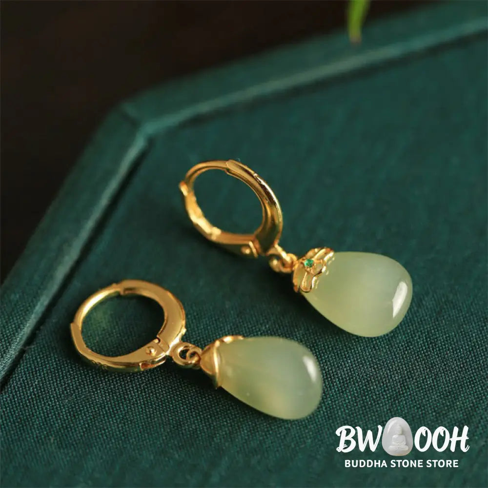 Buddha Stones Green Chalcedony Water Drop Strength Copper Posts Earrings - Earrings