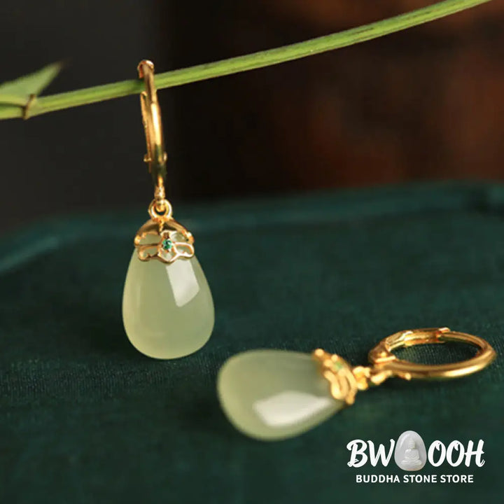 Buddha Stones Green Chalcedony Water Drop Strength Copper Posts Earrings - Earrings