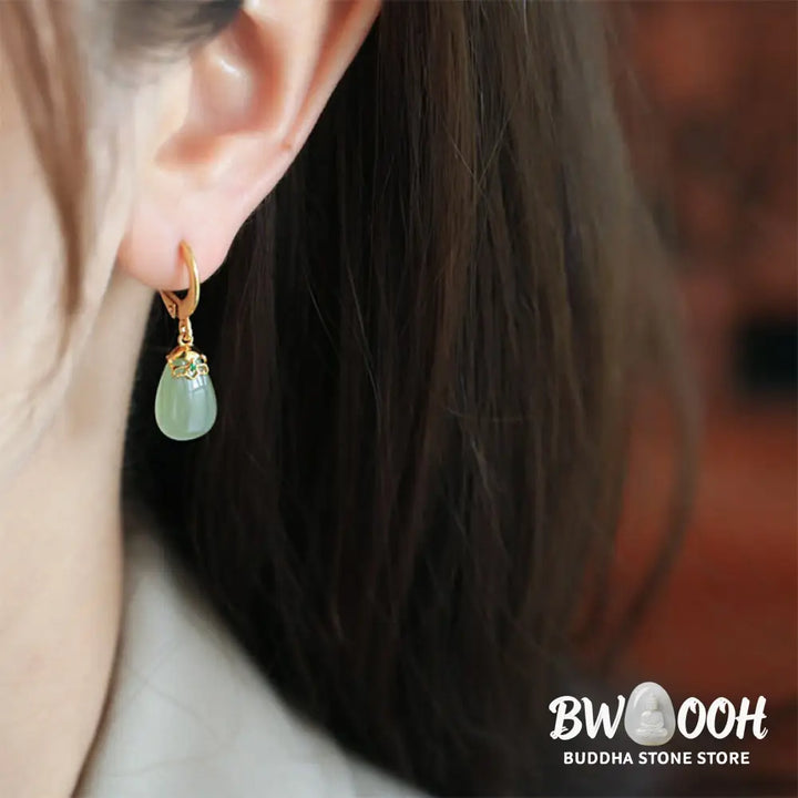 Buddha Stones Green Chalcedony Water Drop Strength Copper Posts Earrings - Earrings
