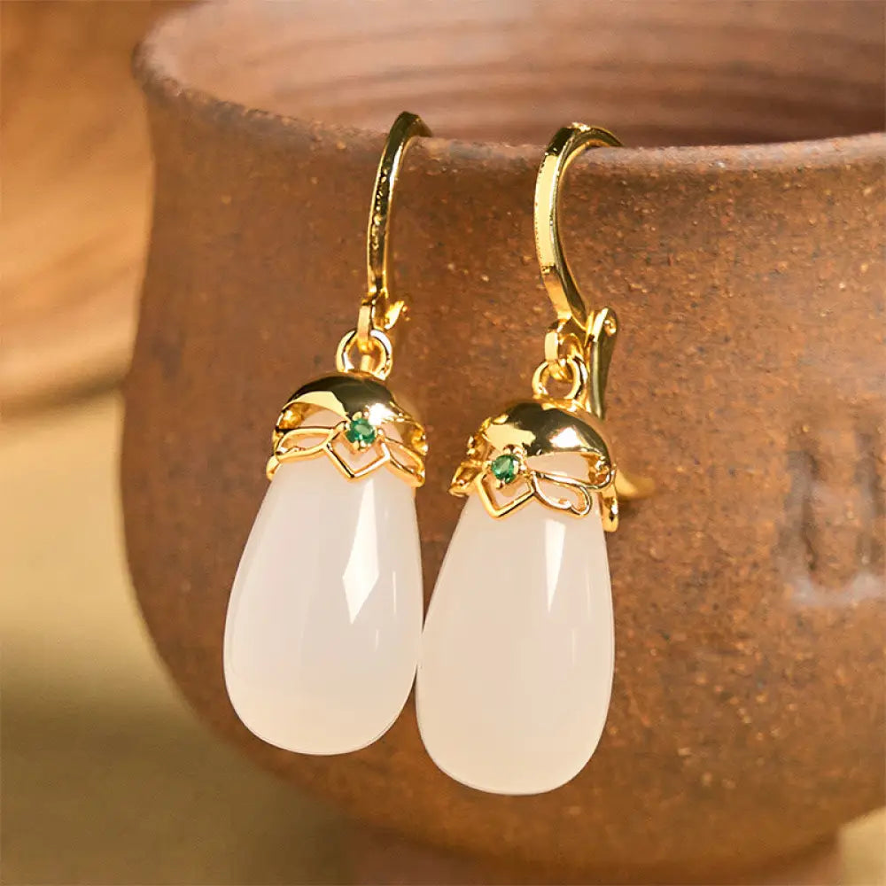 Buddha Stones Green Chalcedony Water Drop Strength Copper Posts Earrings - White Chalcedony(Copper Posts) - Earrings