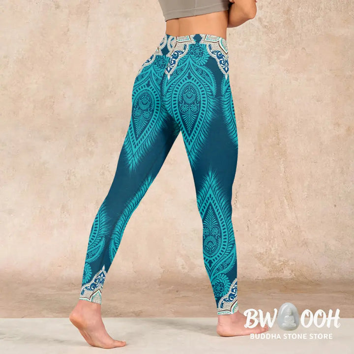 BWOOOH printed yoga leggings - Green Feather Flower Print Gym Fitness L