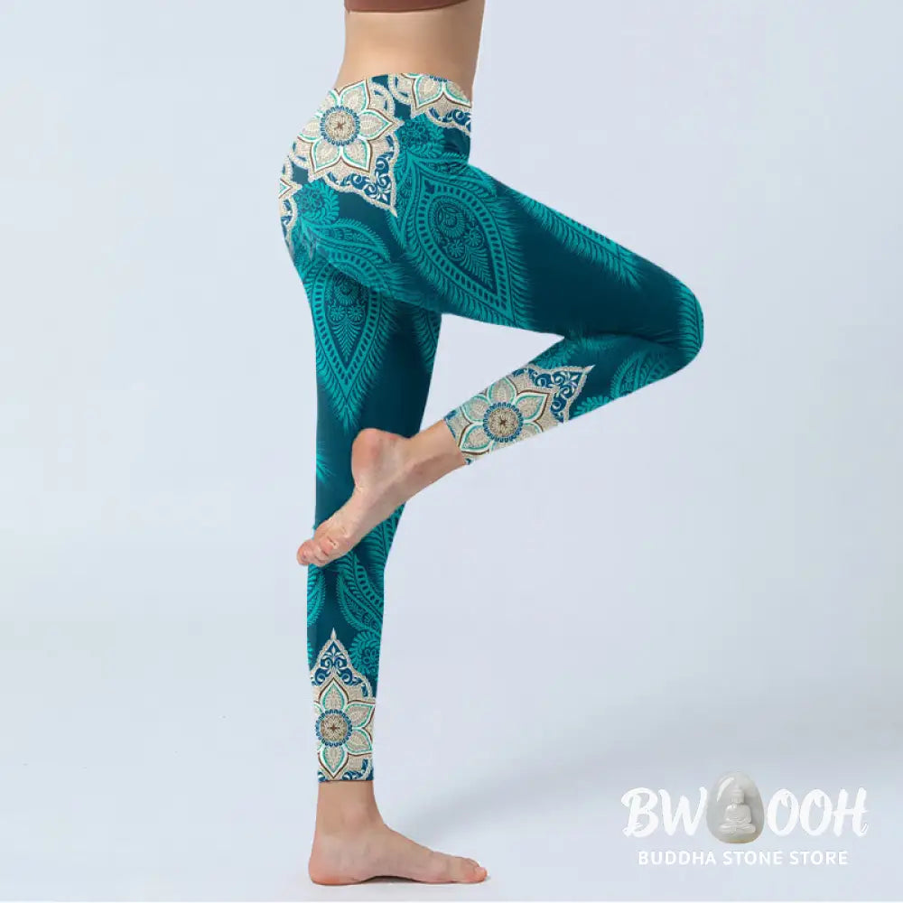 BWOOOH printed yoga leggings - Green Feather Flower Print Gym Fitness L