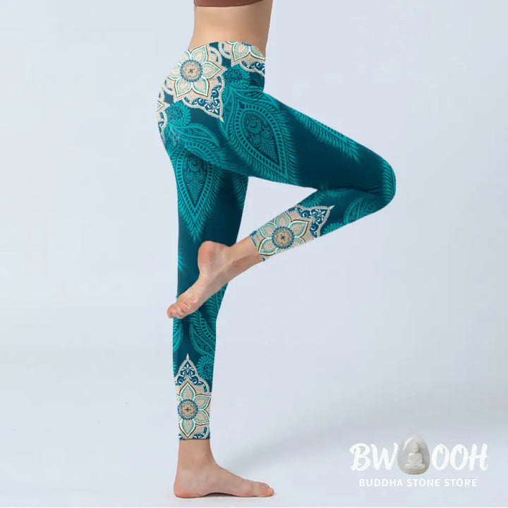 BWOOOH printed yoga leggings - Green Feather Flower Print Gym Fitness L