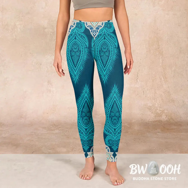 BWOOOH printed yoga leggings - Green Feather Flower Print Gym Fitness L
