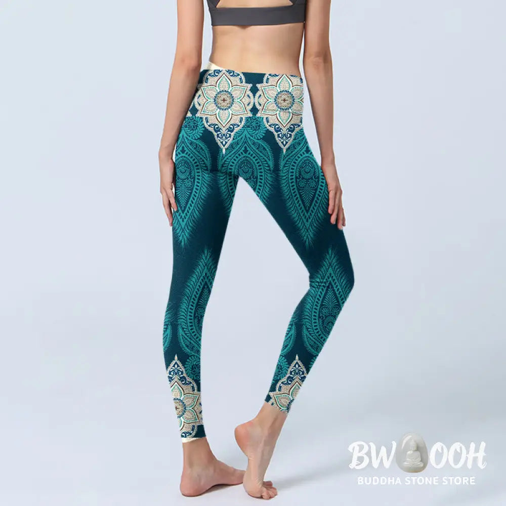 BWOOOH printed yoga leggings - Green Feather Flower Print Gym Fitness L