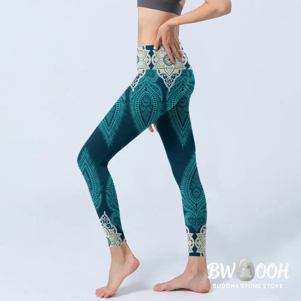 BWOOOH printed yoga leggings - Green Feather Flower Print Gym Fitness L