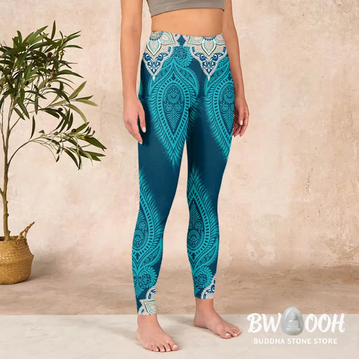 BWOOOH printed yoga leggings - Green Feather Flower Print Gym Fitness L