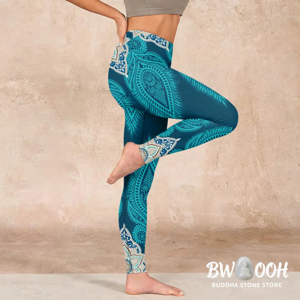 BWOOOH printed yoga leggings - Green Feather Flower Print Gym Fitness L