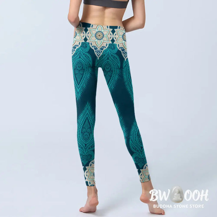 BWOOOH printed yoga leggings - Green Feather Flower Print Gym Fitness L