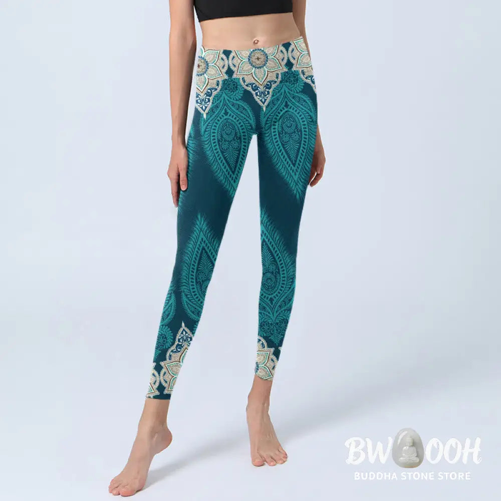 BWOOOH printed yoga leggings - Green Feather Flower Print Gym Fitness L