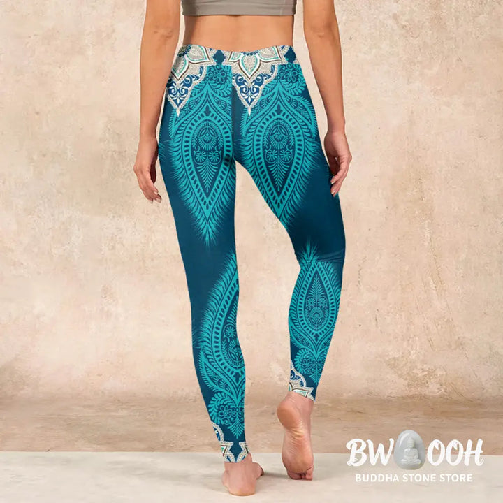 BWOOOH printed yoga leggings - Green Feather Flower Print Gym Fitness L