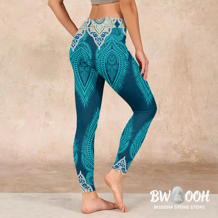 BWOOOH printed yoga leggings - Green Feather Flower Print Gym Fitness L
