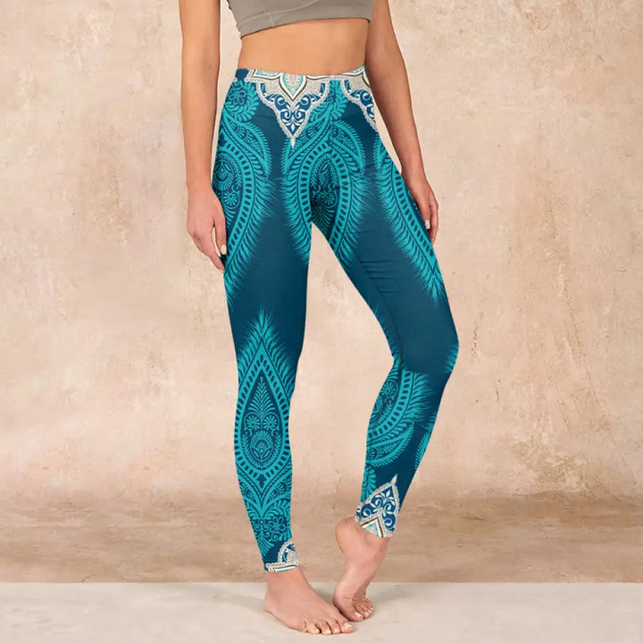BWOOOH printed yoga leggings - Green Feather Flower Print Gym Fitness L