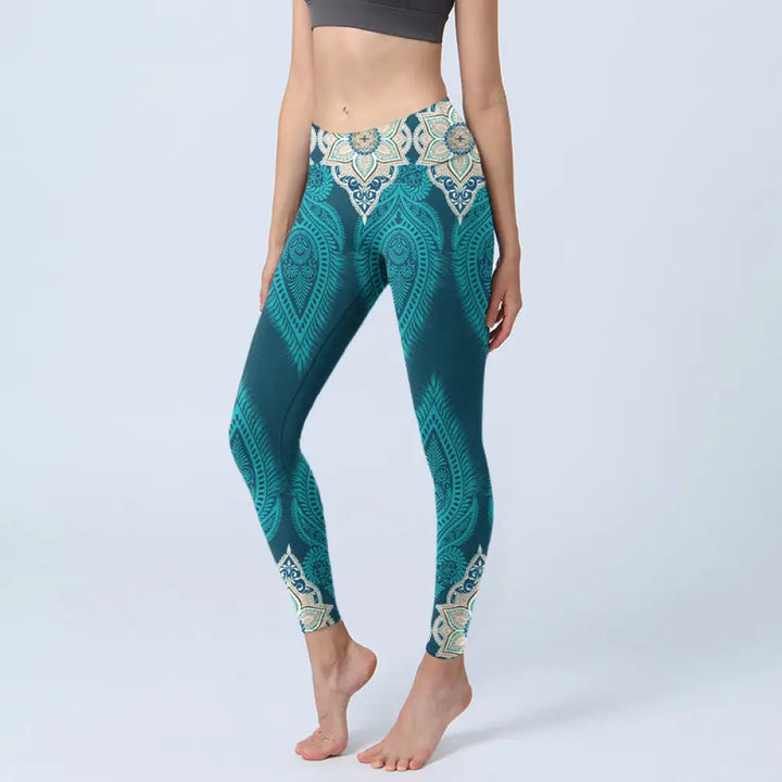 BWOOOH printed yoga leggings - Green Feather Flower Print Gym Fitness L