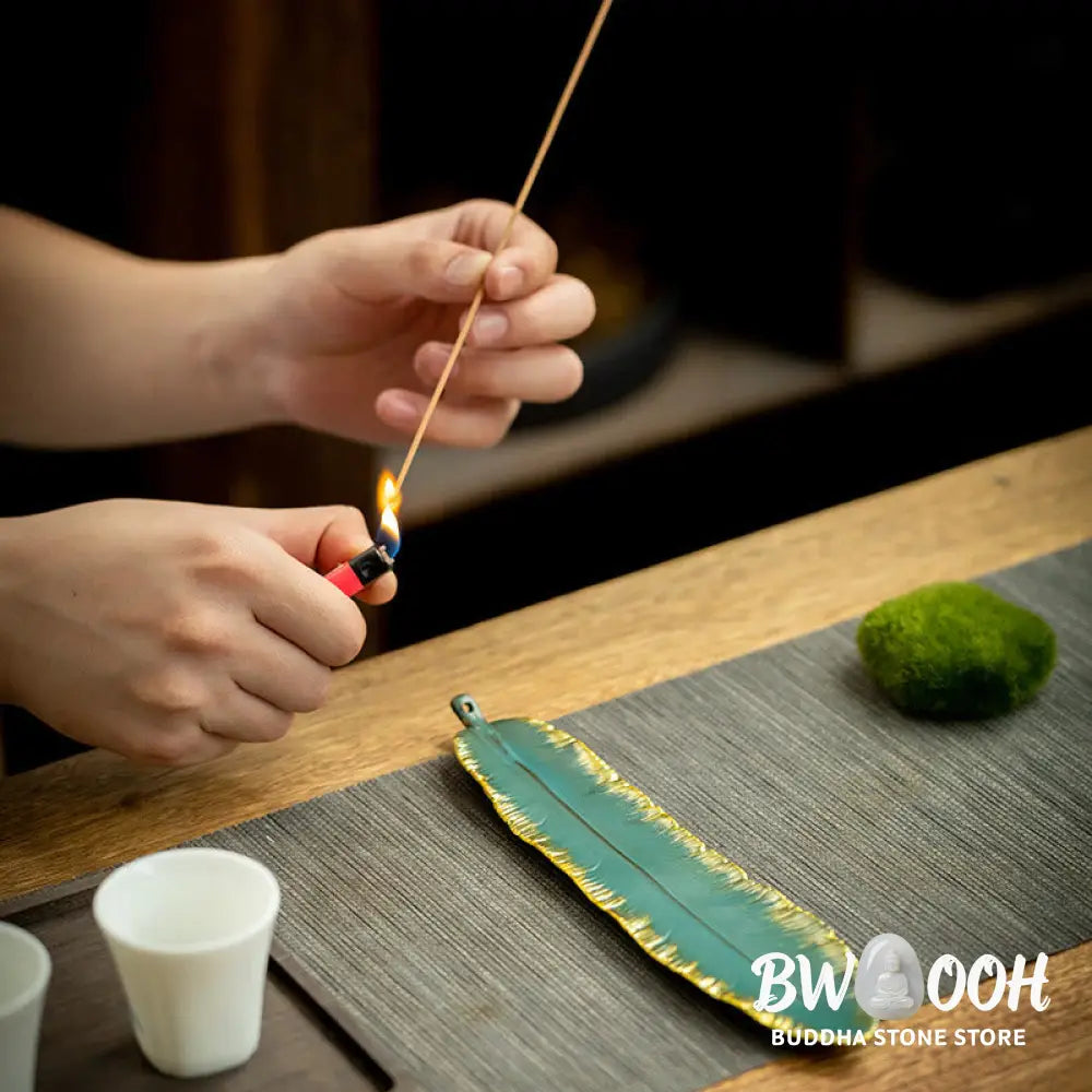 BWOOOH ceramic incense burner - Green Feather Gold Edge Healing Cer