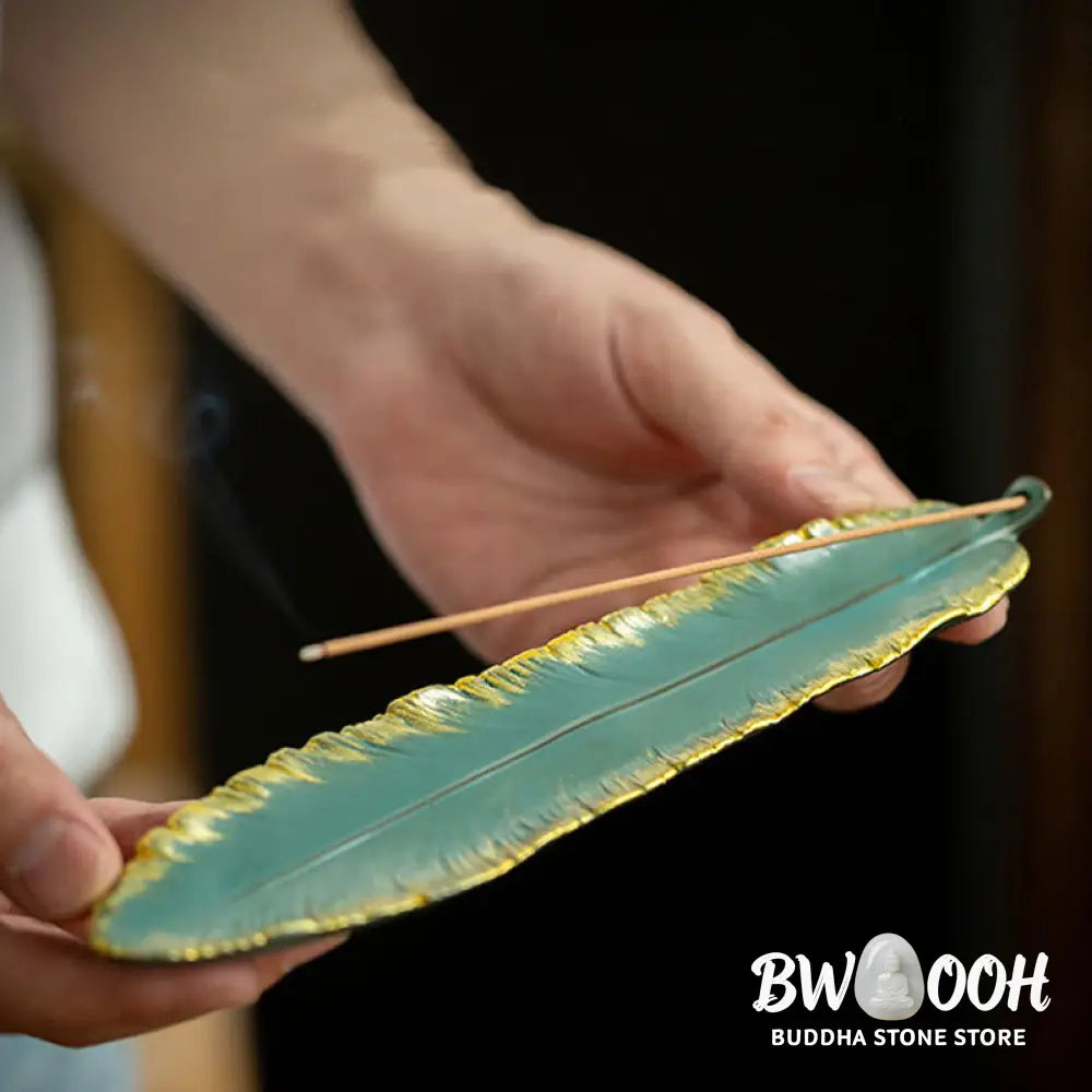 BWOOOH ceramic incense burner - Green Feather Gold Edge Healing Cer