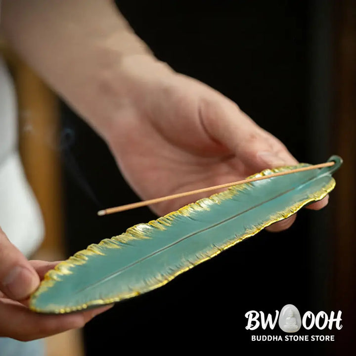 BWOOOH ceramic incense burner - Green Feather Gold Edge Healing Cer