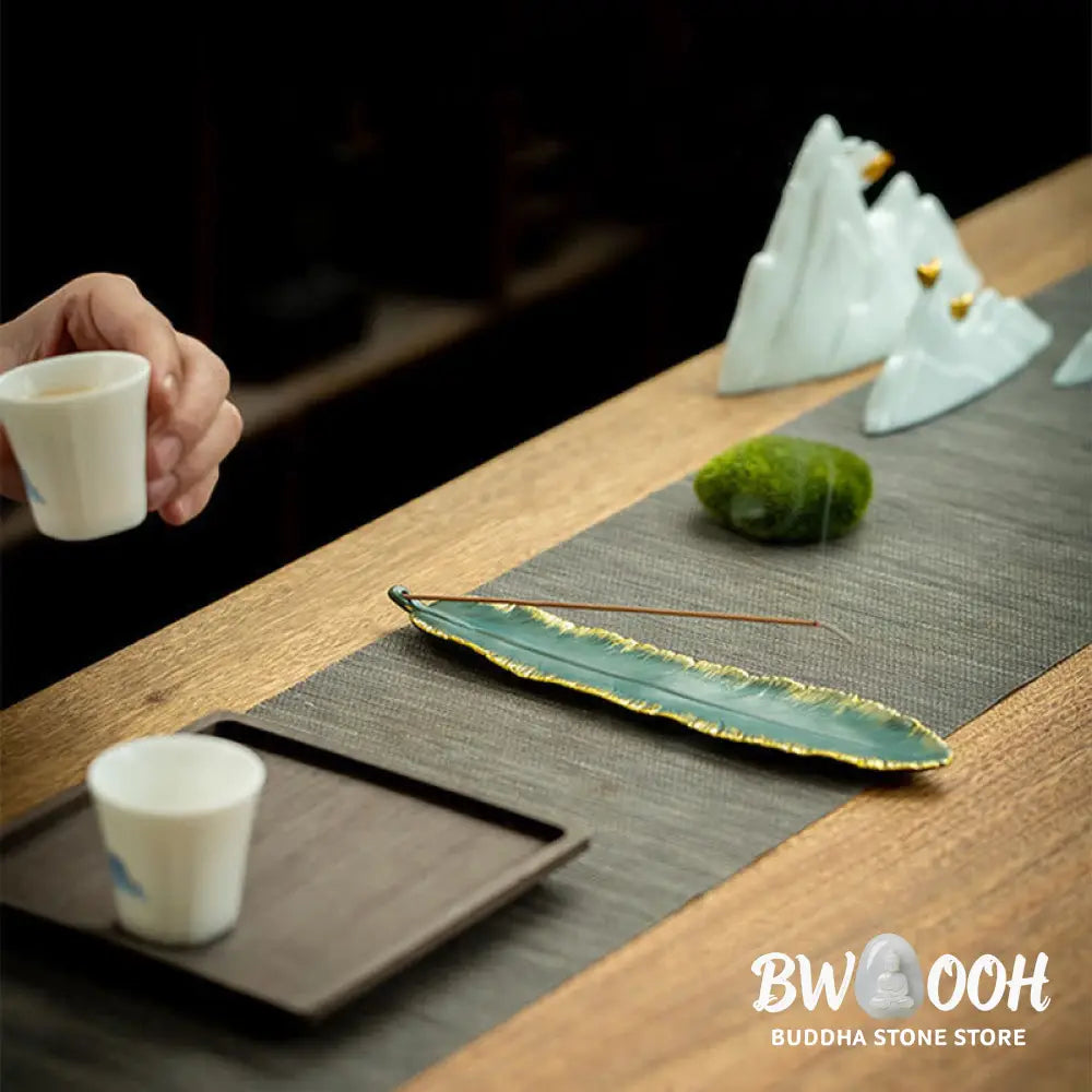 BWOOOH ceramic incense burner - Green Feather Gold Edge Healing Cer