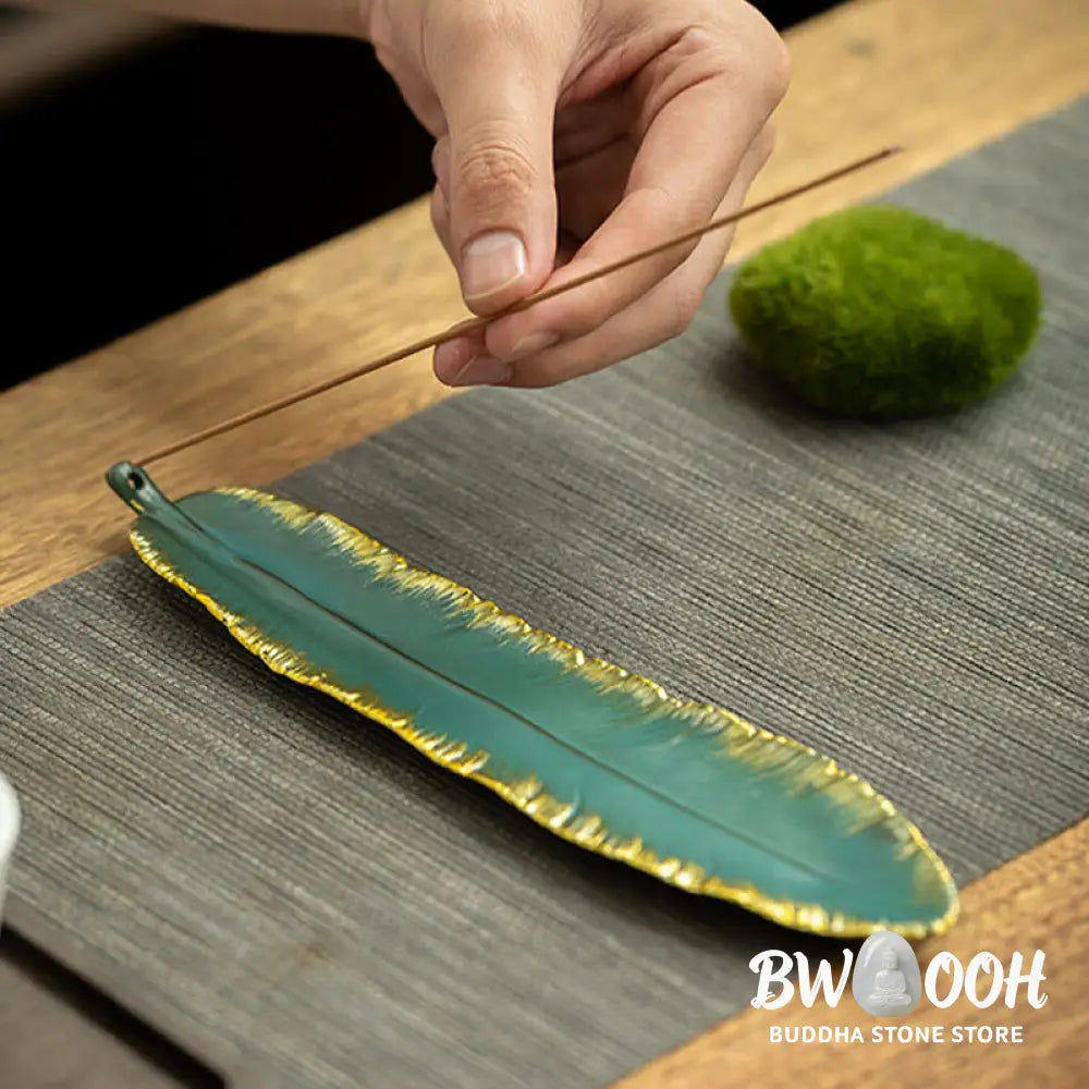 BWOOOH ceramic incense burner - Green Feather Gold Edge Healing Cer