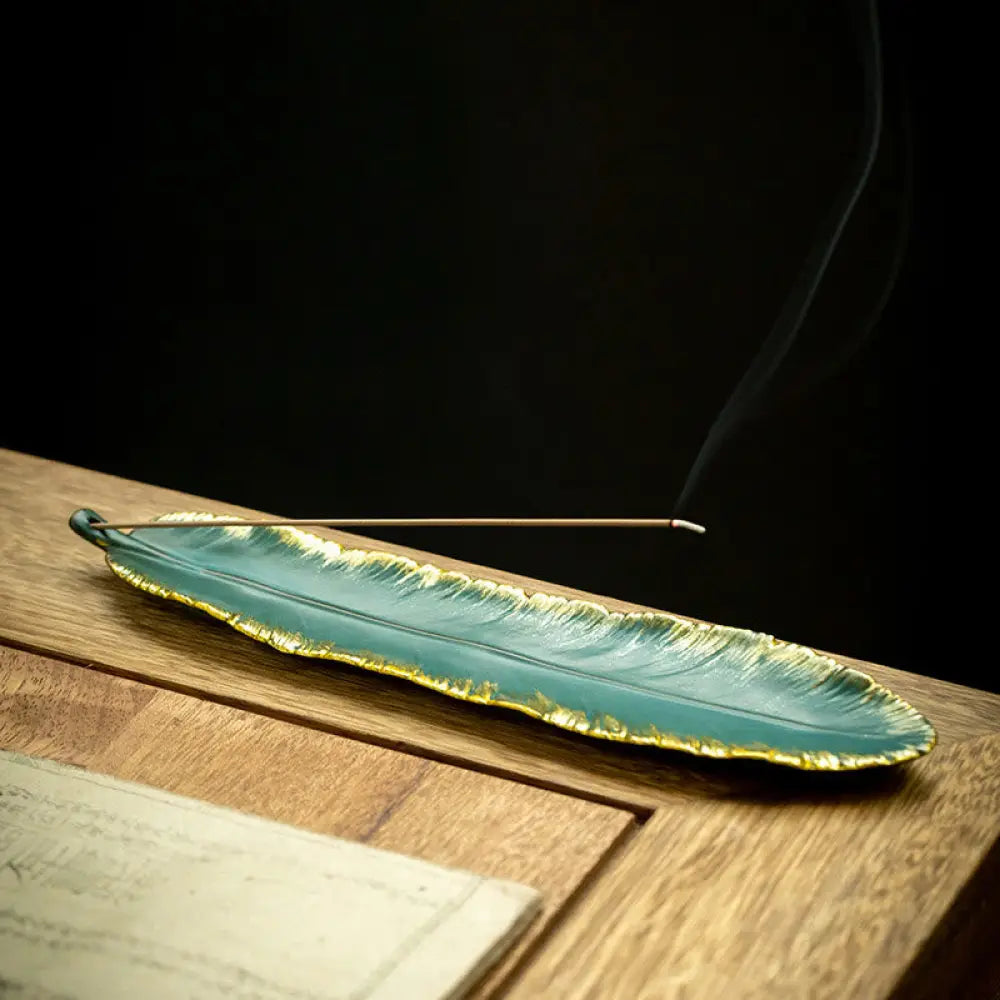BWOOOH ceramic incense burner - Green Feather Gold Edge Healing Cer