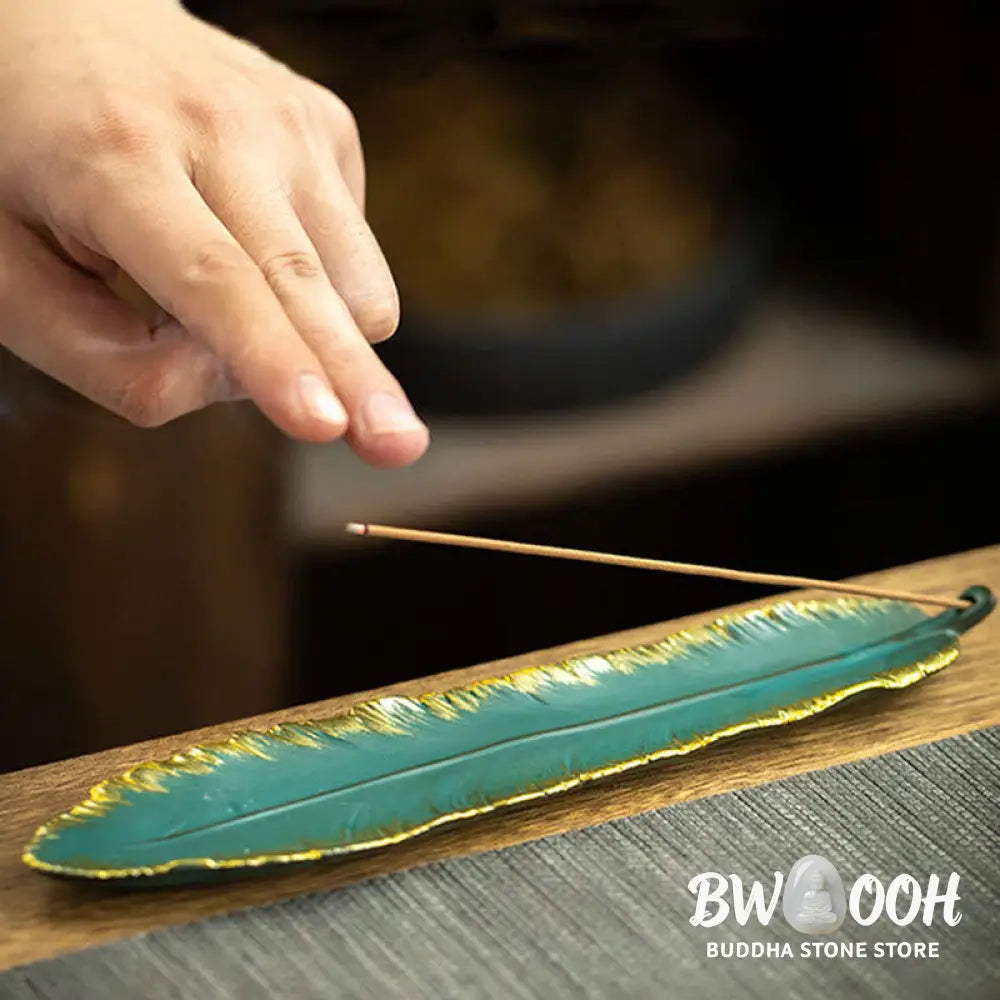 BWOOOH ceramic incense burner - Green Feather Gold Edge Healing Cer