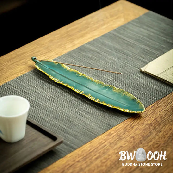 BWOOOH ceramic incense burner - Green Feather Gold Edge Healing Cer