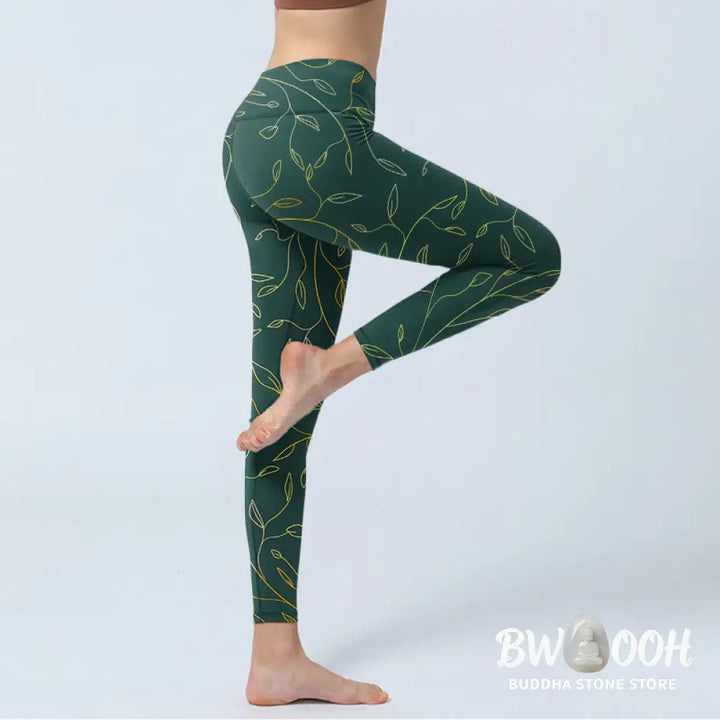 BWOOOH printed yoga leggings - Green Golden Leaves Branches Print Gym L
